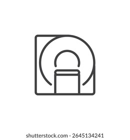 Ícone de linha do scanner de MRI. Ícone vetorial de contorno mostrando equipamentos de imagem magnética usados em hospitais para diagnóstico. Ícone de símbolo limpo representando a tecnologia na área de saúde. Ícone de formato de vetor.