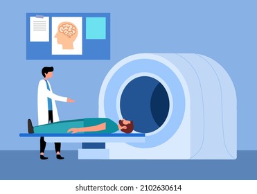 MRI Scanner Machine With Patient And Doctor In Flat Design. Brain Scanning Concept.