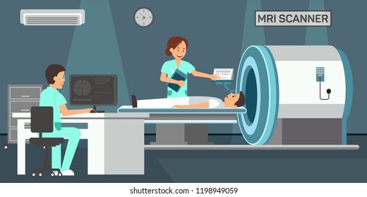 Mri Scanner. Magnetic Resonance Imaging of body. Medicine diagnostic Concept. Mri Room in Hospital. Medical Health care Set. Doctor and Patient in Clinic. Vector Flat Illustration.