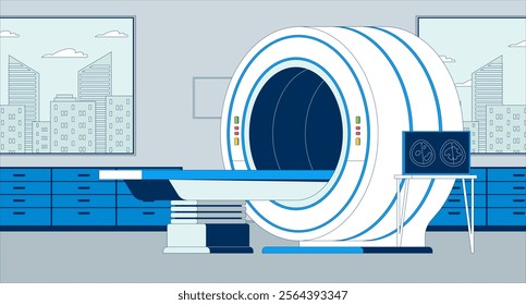MRI scanner room empty flat illustration. Medical equipment. Radiology magnetic resonance imaging 2D interior cartoon background. Computed tomography machine. CT scan technology scene vector image