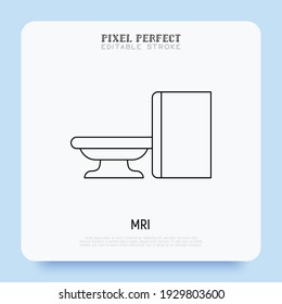 Icono de línea delgada del escáner MRI. Equipo médico para la detección oncológica. Trazo perfecto y editable. Ilustración vectorial.