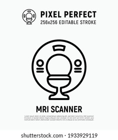 Icono de línea delgada del escáner MRI. Equipo médico para la detección oncológica. Trazo perfecto y editable. Ilustración vectorial.
