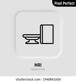 MRI scanner thin line icon. Medical equipment for oncology detection. Pixel perfect, editable stroke. Vector illustration.