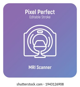 MRI-Scanner-Dünnliniensymbol Medizinische Ausrüstung zur onkologischen Erkennung. Pixel perfekt, bearbeitbarer Strich. Vektorgrafik.