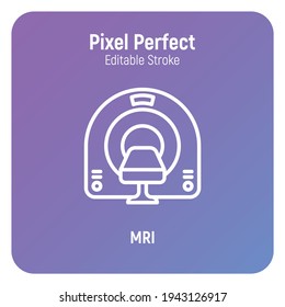 Icono de línea delgada del escáner MRI. Equipo médico para la detección oncológica. Trazo perfecto y editable. Ilustración vectorial.