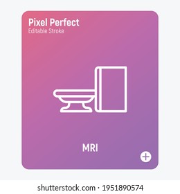 Icono de línea delgada del escáner MRI. Equipo médico para la detección oncológica. Trazo perfecto y editable. Ilustración vectorial.