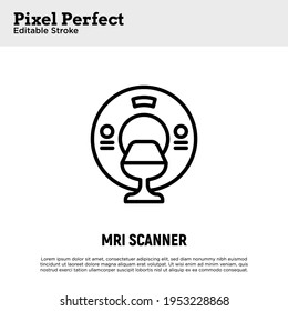 MRI scanner thin line icon. Medical equipment for oncology detection. Pixel perfect, editable stroke. Vector illustration.