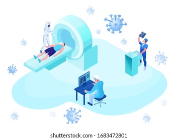 Mri scanning of 2019-nCoV Coronavirus patient, isometric 3d vector illustration with magnetic tomograhpy technology, doctor in white medical face mask watching x-ray with pneumonia