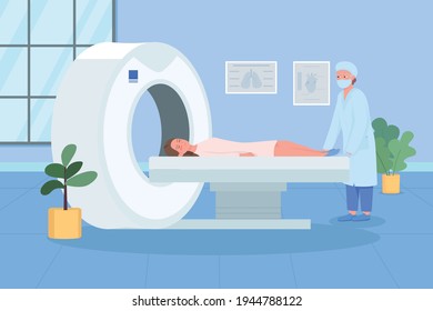 Escaneo por resonancia magnética en la ilustración del vector de color plano del hospital