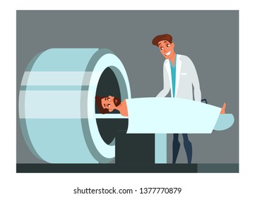 MRI scanning flat vector illustration. Annual medical examining, check-up. Hospital professional equipment drawing. Oncology diagnostics. Male doctor and patient cartoon characters