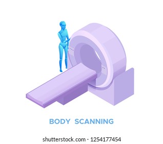 Mri scanning in healthcare system, isometric 3d vector illustration with ai technology , artificial intelligence supports diagnosis and treatment, robot in medical process