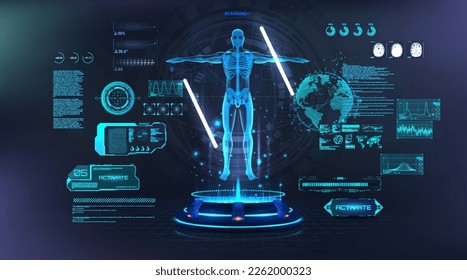 MRI scanning Human body in HUD style. Hologram x-ray examination anatomy and skeleton body human. Futuristic clinic with full examination with HUD, UI. Futuristic healthcare concept. Vector 