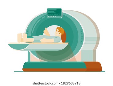 Mri Scanning. Patient Lying Inside Mri Scanning Machine Isolated On White Background. Magnetic Resonance Or Computer Tomography Functional Diagnostic Vector Illustration