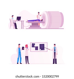 Mri Scanning Procedure Set. Doctors Looking at Results of Patient Body Scan on Monitor Screen. Man Lying Down in Magnetic Resonance Imaging Machine in Hospital. Cartoon Flat Vector Illustration