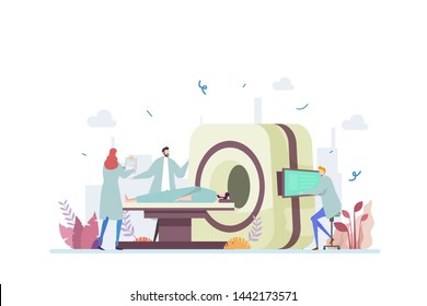 MRI Scanning Vector Illustration Concept Showing a patient are checking health issue using MRI machine, Suitable for landing page, ui, web, App intro card, editorial, flyer, and banner.