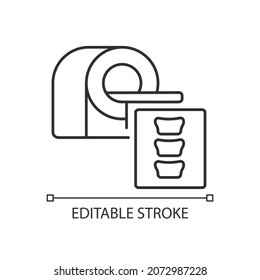 MRI scans linear icon. Disease testing procedure. Medical technology. Patient condition diagnosis. Thin line customizable illustration. Contour symbol. Vector isolated outline drawing. Editable stroke