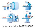 MRI and X-Ray scanner, Ultrasound and CT skan. Doctor and patient on medical examination. Modern hospital diagnostic equipment. Health care concept. Vector illustration set in cartoon style