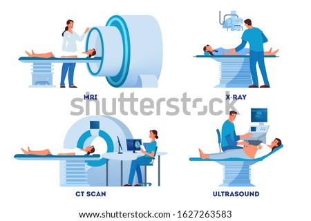 MRI and X-Ray scanner, Ultrasound and CT skan. Doctor and patient on medical examination. Modern hospital diagnostic equipment. Health care concept. Vector illustration set in cartoon style