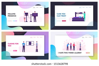 Mri or Xray Scanning Procedure Website Landing Page Set. Doctor Look at Results of Patient Scan. Man Lying in Radiographer Nuclear Diagnostic Machine Web Page Banner. Cartoon Flat Vector Illustration