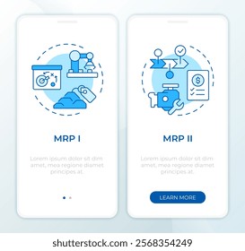 MRP blue onboarding mobile app screen. Industrial planning. Walkthrough 2 steps editable graphic instructions with linear concepts. UI, UX, GUI template