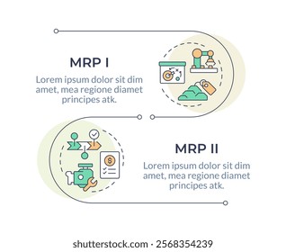 MRP infographic vertical sequence. Manufacture technology improvement. Industrial inventory. Visualization infochart with 2 steps. Circles workflow