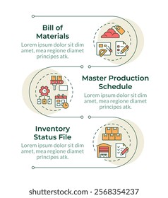 MRP input infographic vertical sequence. Industrial technology improvement. Manufacturing. Visualization infochart with 3 steps. Circles workflow