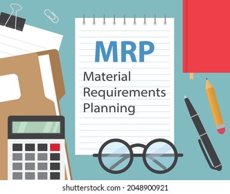 MRP Material Requirements Planning written in notebook on office desk- vector illustration