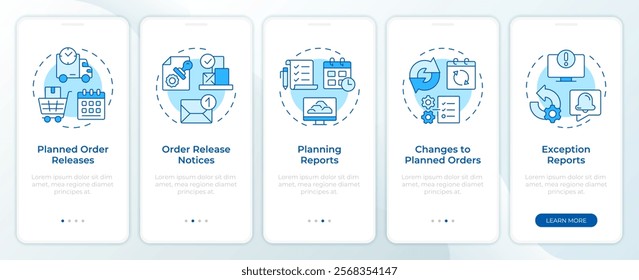 MRP outputs blue onboarding mobile app screen. Manufacturing. Walkthrough 5 steps editable graphic instructions with linear concepts. UI, UX, GUI template