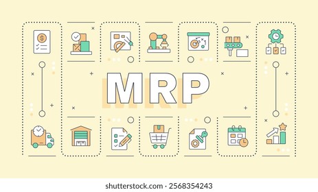 MRP pastel yellow word concept. Material requirements and manufacturing resource planning. Typography banner. Vector illustration with title text, editable icons color