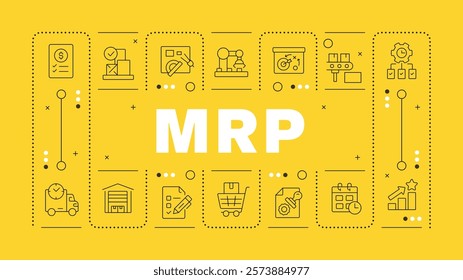 MRP yellow word concept. Material requirements and manufacturing resource planning. Industry. Horizontal vector image. Headline text surrounded by editable outline icons