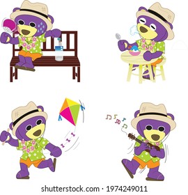 Mr.Purple Bear Wear The Hawaiian Shirt And The Fun Activities In The Summer,summer Sticker Set,blowing By Hand Fan,eat The Shaved Ice,play A Kite,play The Ukulele