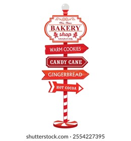 Mrs. Claus Bakery Christmas road sign. Directional sign with arrows gingerbread, caramel cane, hot cocoa and other illustrated vector clipart.