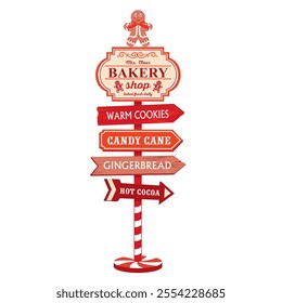 Mrs. Claus bakery Christmas road sign with ginger man. Directional sign with arrows gingerbread, caramel cane, hot cocoa and Directional sign with arrows gingerbread, caramel cane, hot cocoa and more.