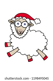 Mrs Claus as a cartoon sheep, wearing a red Santa hat