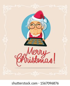 Mrs. Claus Celebrating with Cookies Poster Design. Cute granny holding a tray of chocolate chip cookies 
