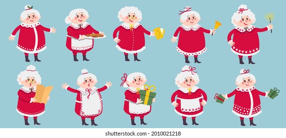 Mrs Claus character. Christmas mascot cartoon vector illustration set