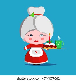 Mrs. Claus with Christmas cake and cup. Wife of Santa Claus and dessert. Christmas woman in red dress and white apron