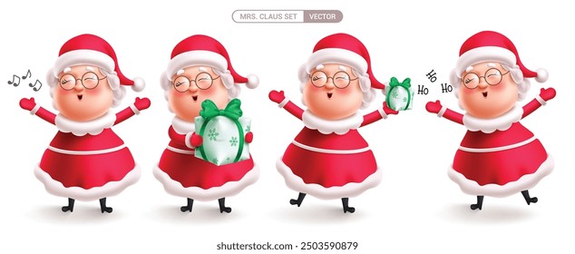 Mrs claus christmas characters vector set design. Christmas mrs claus character collection in cute singing, holding gift box and happy face smiling isolated in white background. Vector illustration 