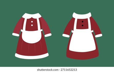 Conjunto de Ilustración vectorial plana de traje de la Sra. Claus.
Lindo Santa esposa Navidades traje Clipart.
Sra. Claus delantal de cocina Navidades diseño de vestuario.
