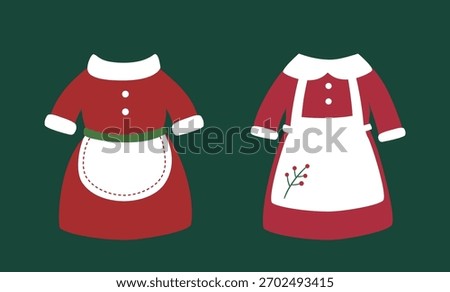 Mrs Claus costume flat vector illustration set.
Cute Santa wife Christmas outfit clipart.
Mrs Claus kitchen apron Christmas costume design.
