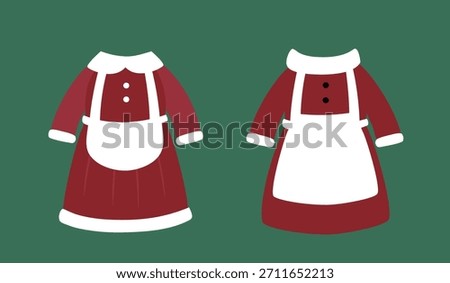 Mrs Claus costume flat vector illustration set.
Cute Santa wife Christmas outfit clipart.
Mrs Claus kitchen apron Christmas costume design.
