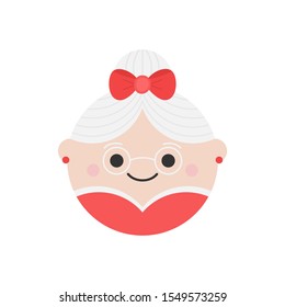 Mrs Claus cute christmas round character vector illustration. Winter, seasonal, holiday, festive xmas head. Isolated cartoon graphic icon.