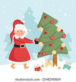 Mrs Claus decorating Christmas tree with gifts, Vector