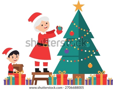 Mrs. Claus is decorating the Christmas tree with a child.