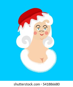 Mrs. Claus face. Wife of Santa Claus. Christmas woman in red dress and white apron. Xmas grandmother in Bonnet
