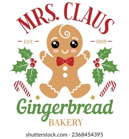 Mrs. Claus gingerbread bakery vector illustration with cute boy ginger men. Christmas design isolated good for Xmas greetings cards, poster, print, sticker, invitations, baby t-shirt, mug, gifts.