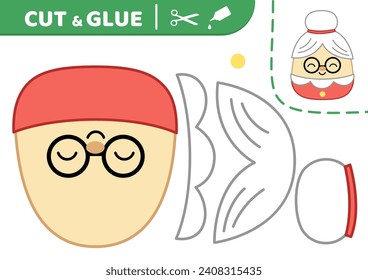 Mrs Claus, grandmother, granny. Cut and glue. Squishmallow. Applique. Paper education game. Kawaii, cartoon. Isolated vector illustration eps 10