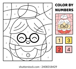 Mrs Claus. Granny. Color by number. Squishmallow. Coloring page. Game for kids. Kawaii, cartoon, vector. Isolated vector illustration eps 10