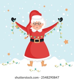 Mrs Claus holding Christmas lights garland, Vector