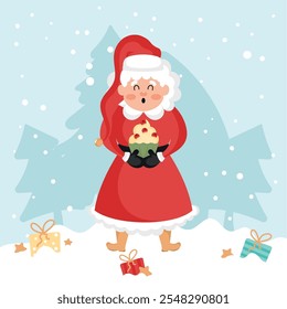 Mrs Claus holding festive Christmas cupcake, Vector